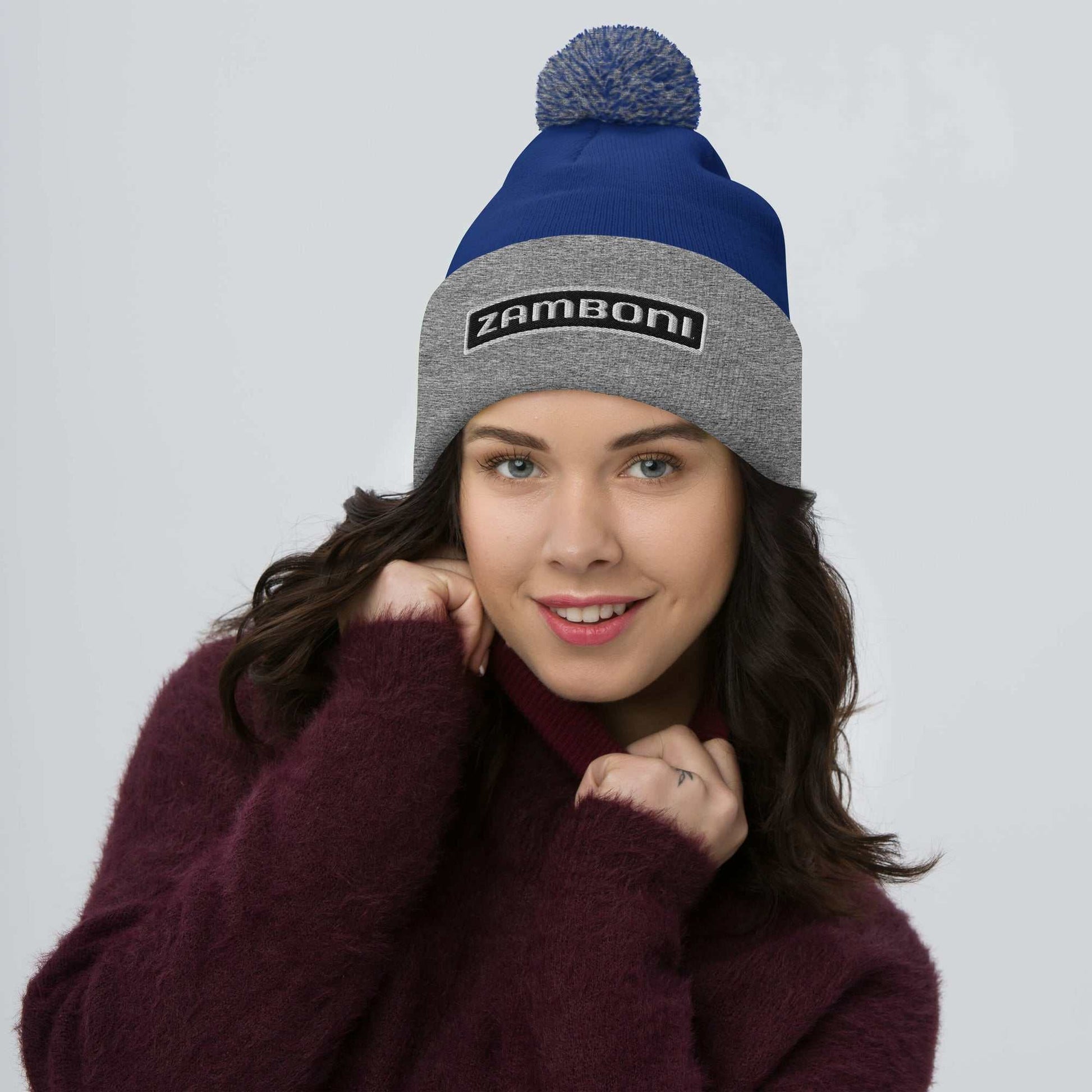 Zamboni Pom-Pom Beanie with embroidered logo, pom-pom top, and fold-over cuff for warmth and style