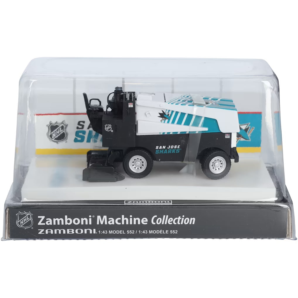Die-cast Zamboni collectible in black, white and teal with San Jose Sharks graphics, displayed on an arena replica stand; Adult Zamboni Ride-Along Costume