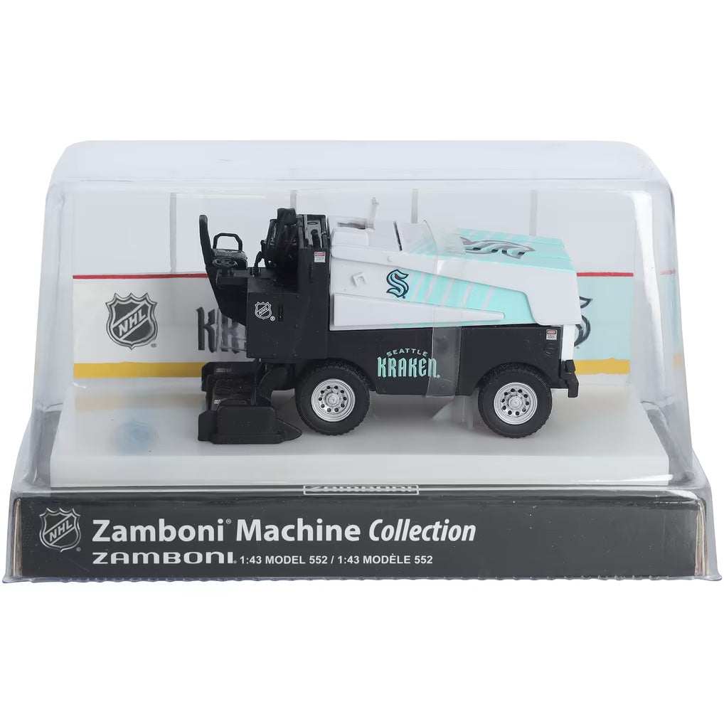 Die-cast Zamboni collectible with white and teal Seattle Kraken graphics, displayed under a clear case; Adult Zamboni Ride-Along Costume is unrelated.