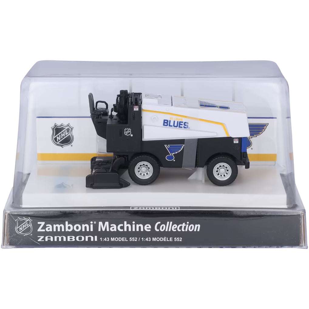 Die-cast Zamboni collectible in white, navy and gold St. Louis Blues graphics, displayed in a clear case; Adult Zamboni Ride-Along Costume.