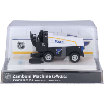 Die-cast Zamboni collectible in white, navy and gold St. Louis Blues graphics, displayed in a clear case; Adult Zamboni Ride-Along Costume.