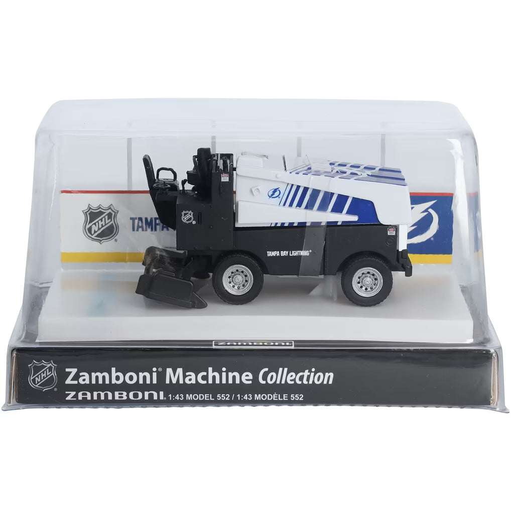 Die-cast Zamboni collectible in black, white and blue with Tampa Bay Lightning graphics, displayed in a clear arena case; Adult Zamboni Ride-Along Costume is a separate item.