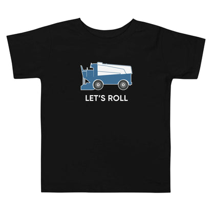 Toddler black short sleeve tee with blue Zamboni print and "Let's Roll" text, 100% cotton, comfy fit