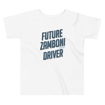 White toddler short sleeve tee with "Future Zamboni Driver" text print, 100% cotton, comfy fit