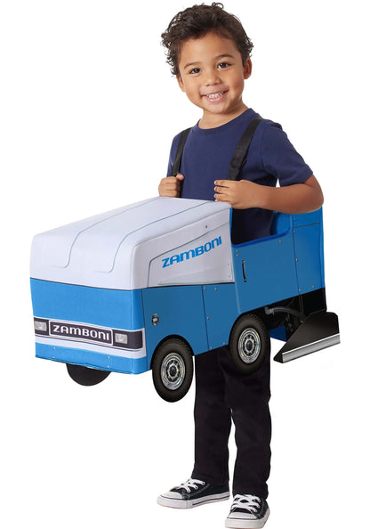 Toddler Ride Along Zamboni costume in blue and white foam, featuring printed wheels, headlights, and black shoulder straps.
