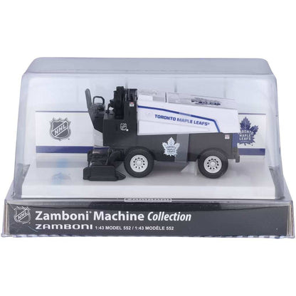 Die-cast Zamboni collectible, white and black with Toronto Maple Leafs graphics in a clear display case; Adult Zamboni Ride-Along Costume is unrelated.