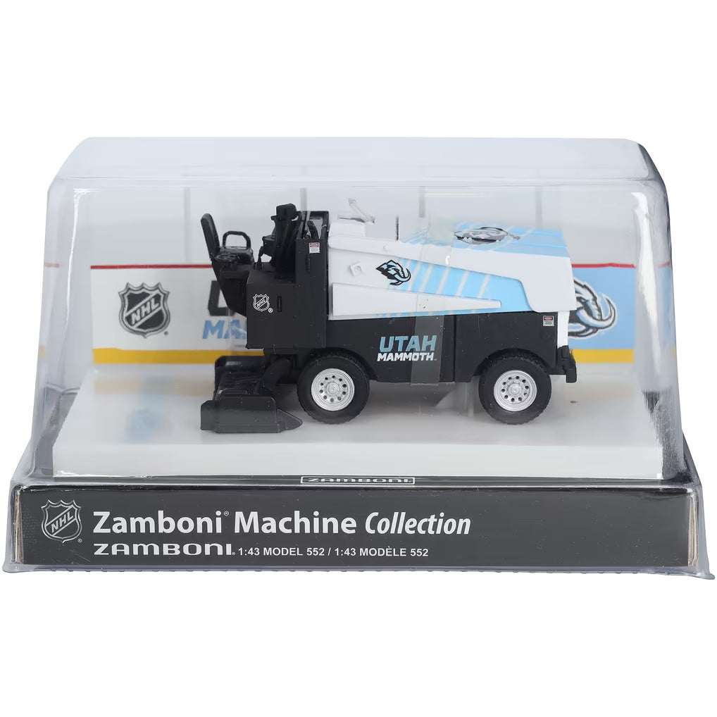 Die-cast Zamboni collectible with a white and black Utah Mammoth design, NHL graphics and clear display case; Adult Zamboni Ride-Along Costume