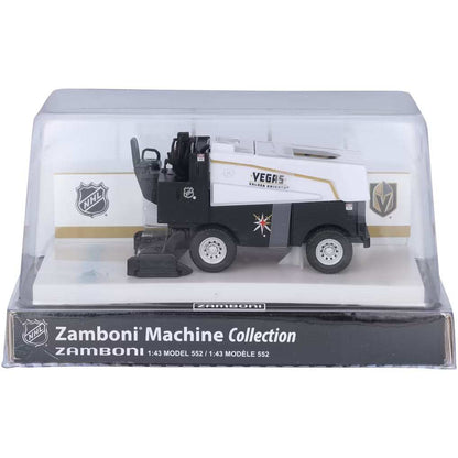 Die-cast Zamboni collectible in white, black and gold with Vegas graphics, detailed wheels and a clear display case; Adult Zamboni Ride-Along Costume.
