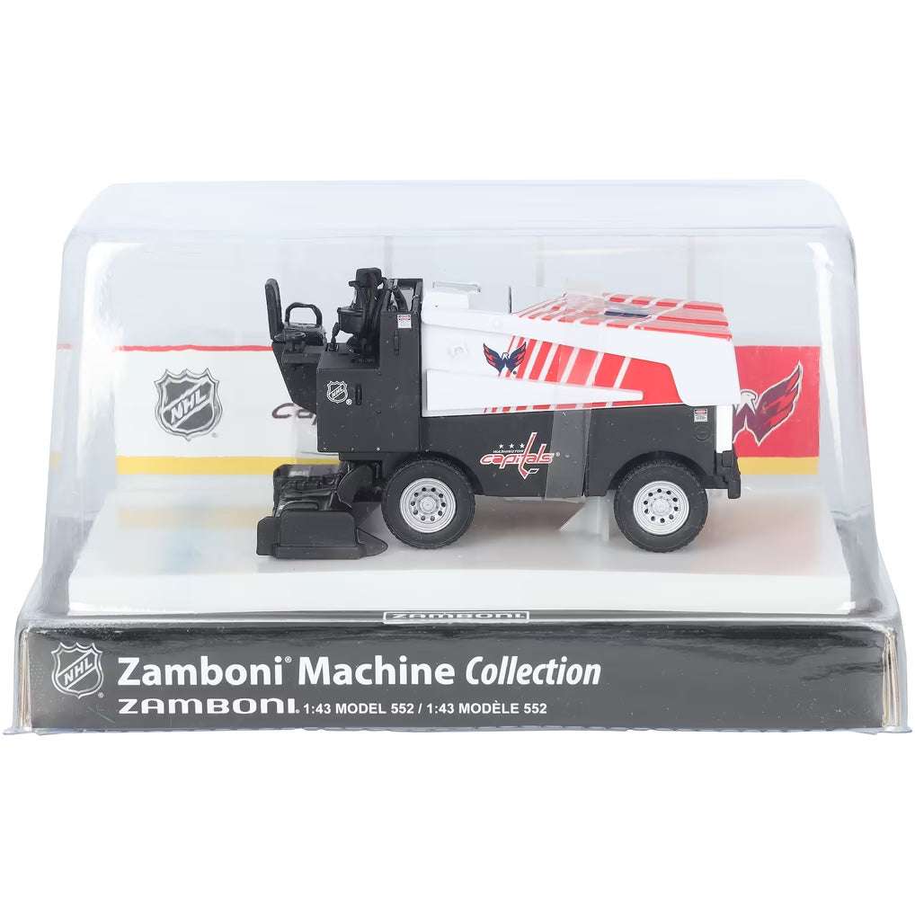Die-cast Zamboni collectible in white, black, and red with NHL and Washington Capitals graphics, displayed in a clear case. Adult Zamboni Ride-Along Costume is a separate product.