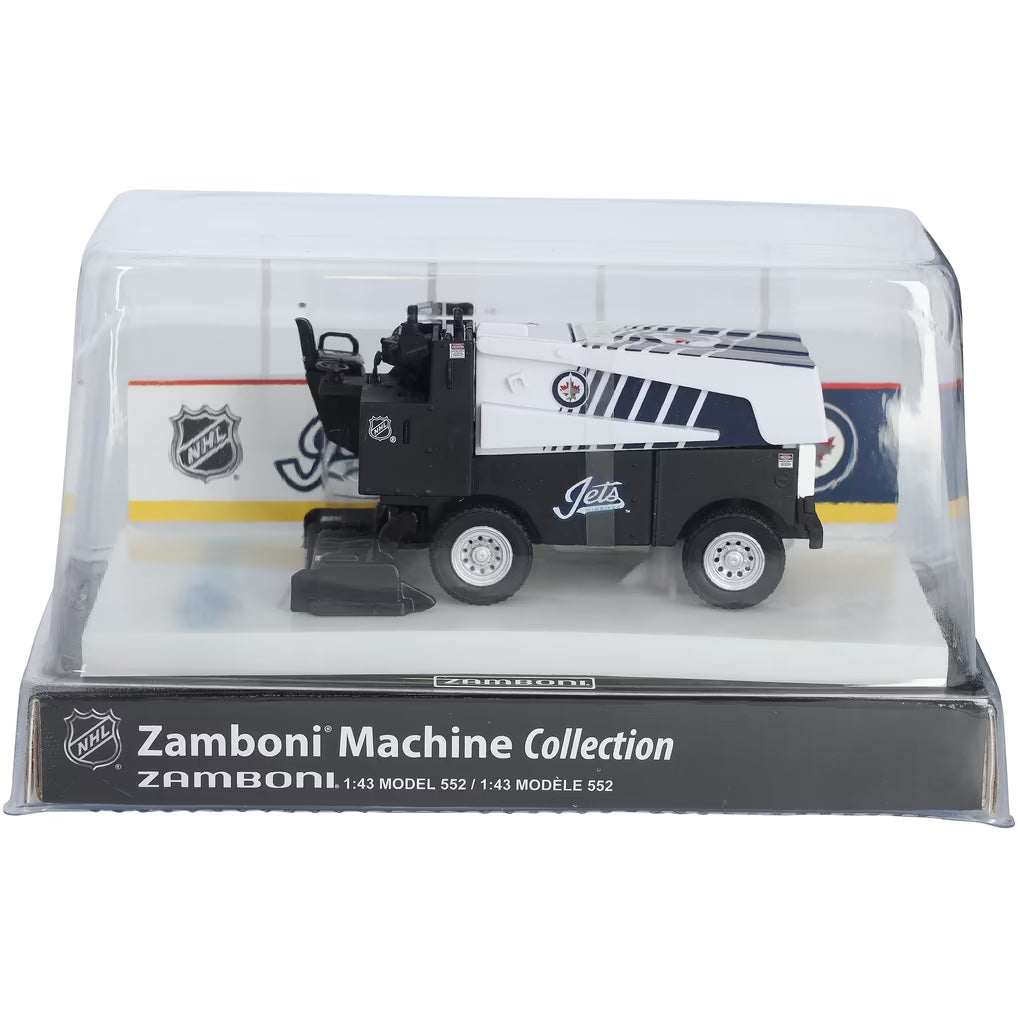 Die-cast Zamboni collectible in black and white with Winnipeg Jets graphics, displayed in a clear arena replica case; Adult Zamboni Ride-Along Costume is unrelated.